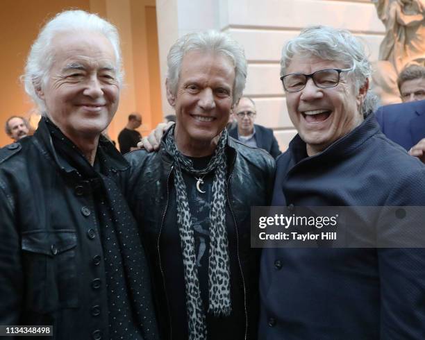 Jimmy Page of Led Zeppelin, Don Felder of Eagles, and Steve Miller attend the press preview for "Play It Loud: Instruments Of Rock & Roll" at The...