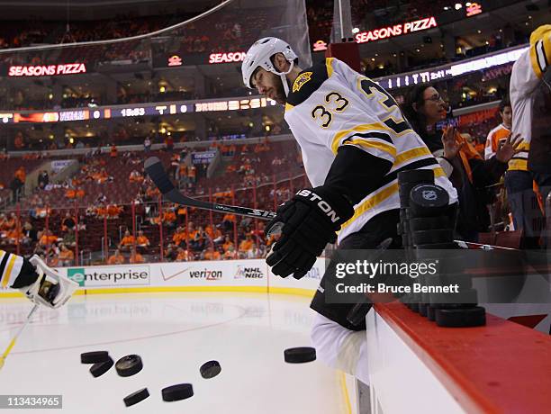 Zdeno Chara of the Boston Bruins skates out to play against the Philadelphia Flyers in Game One of the Eastern Conference Semifinals during the 2011...