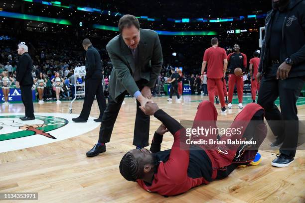 Boston Celtics Owner, Stephen Pagliuca, and Dwyane Wade of the Miami Heat shake hands prior to a game against the Boston Celtics on April 1, 2019 at...
