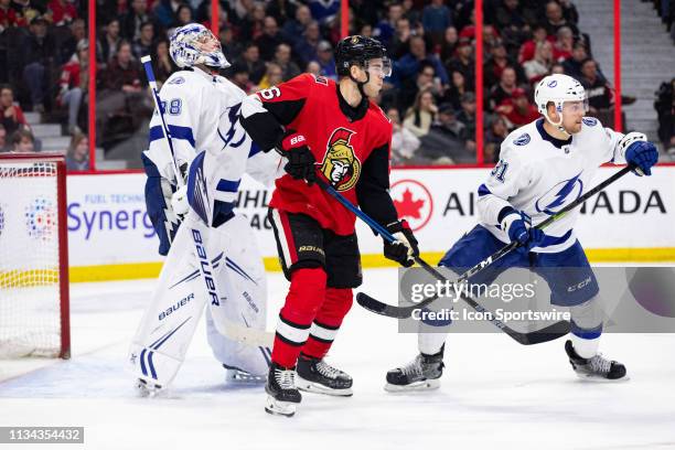 Ottawa Senators Right Wing Magnus Paajarvi battles Tampa Bay Lightning Defenceman Erik Cernak in front of Tampa Bay Lightning Goalie Andrei...