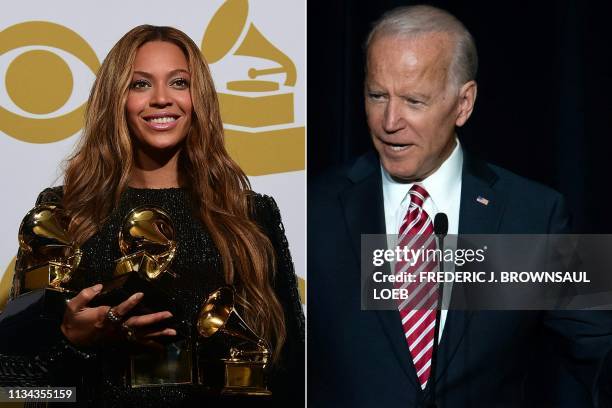 This combination of pictures created on April 01, 2019 shows Beyonce as she poses with her three Grammys in the press room during the 57th annual...