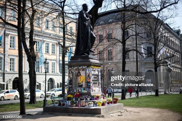 April 2019, Bavaria, München: The pedestal of the monument to Orlando-di-Lasso, a Renaissance composer and Kapellmeister, which was converted into a...