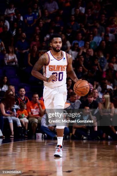 Troy Daniels of the Phoenix Suns brings the ball up the court against the Cleveland Cavaliers on April 1, 2019 at Talking Stick Resort Arena in...