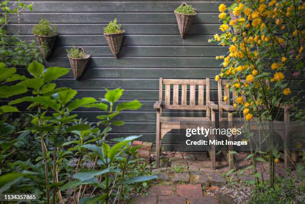 rustic chairs in garden - courtyard garden stockfoto's en -beelden