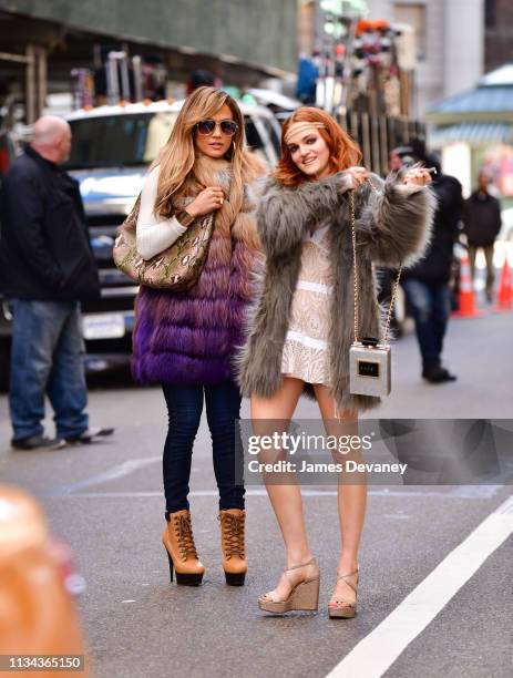 Jennifer Lopez and Madeline Brewer seen filming on location for "Hustlers" in Manhattan on April 1, 2019 in New York City.