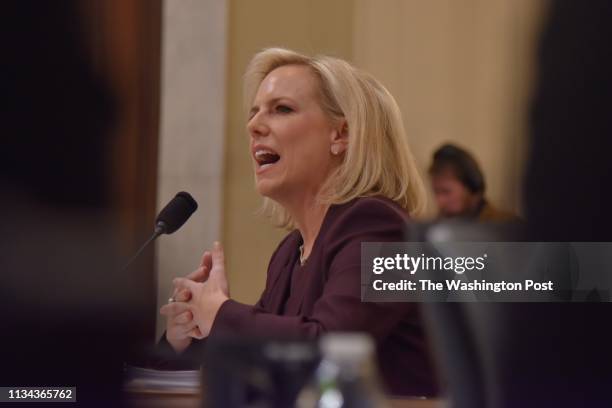 Kirstjen Nielsen, Secretary of Homeland Security, testifies before the House Homeland Security Committee at the Cannon House Office Building at a...