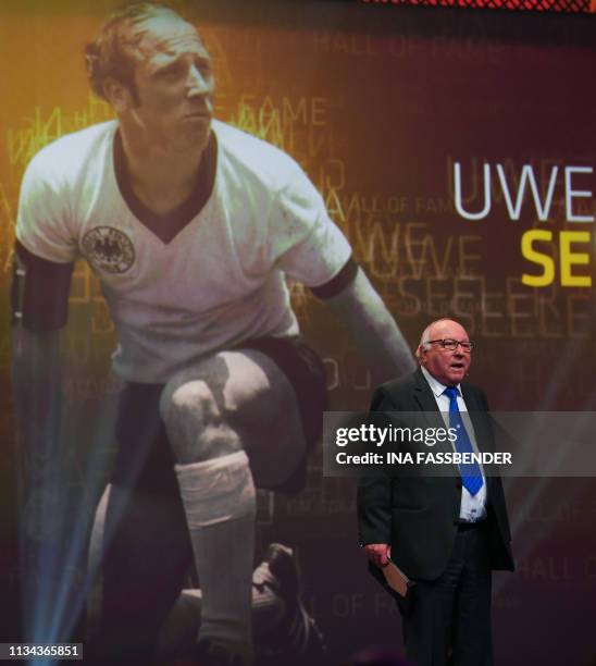 Former German football player Uwe Seeler speaks during the opening gala for the Hall of Fame of German Football at the German Football Museum in...