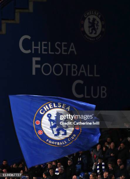 The Chelsea flag during the UEFA Europa League Round of 16 First Leg match between Chelsea and Dynamo Kyiv at Stamford Bridge on March 07, 2019 in...