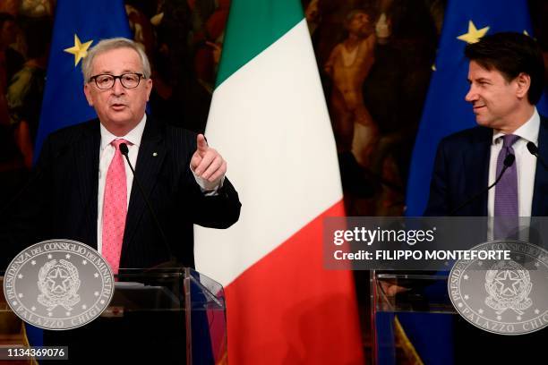 Italys Prime Minister Giuseppe Conte and President of the European Commission Jean-Claude Juncker hold a joint press conference following their...