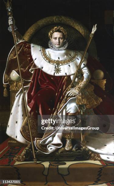 Napoleon Bonaparte as Emperor Napoleon I on Imperial throne in full regalia.. Jean Auguste Dominique Ingres French painter.