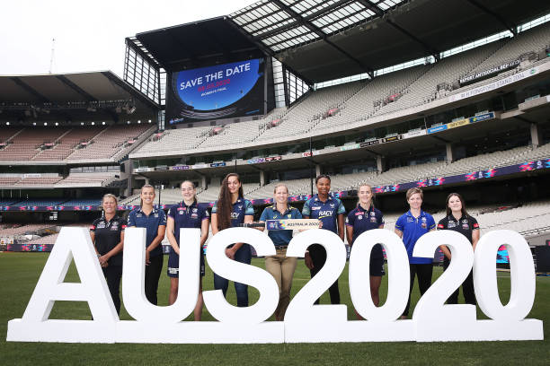 Australia women's captain Meg Lanning poses with athletes from different codes L-R: Carlton AFLW General manager and former player Nicole Graves,...