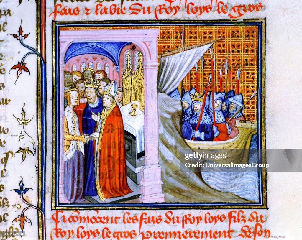 Marriage of Eleanor of Aquitaine (c1122-1204) and Louis VII of France (1137) left, and embarkation for Second Crusade 1147-1149. From Chronique de St Denis, Musee Conde, Chantilly. Eleanor's second marriage was to Henry Plantagenet, Henry II of England.