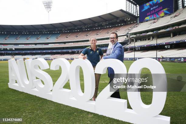 Sports Minister Martin Pakula poses with Australia women's captain Meg Lanning in front a giant ICC T20 World Cup 2020 logo during ICC T20 World Cup...