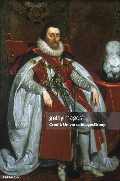 James I of England from 1601, James VI of Scotland from 1567. Portrait of 1621 by Daniel Mytens .