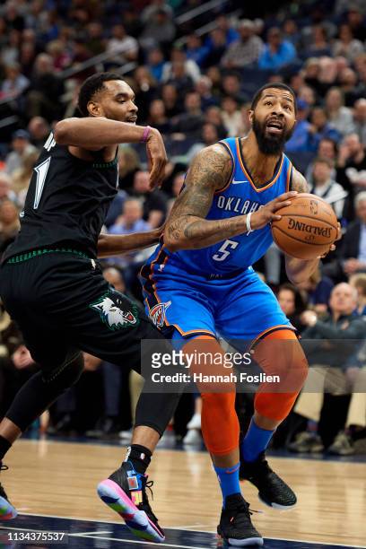 Markieff Morris of the Oklahoma City Thunder shoots the ball against Keita Bates-Diop of the Minnesota Timberwolves during the game on March 5, 2019...