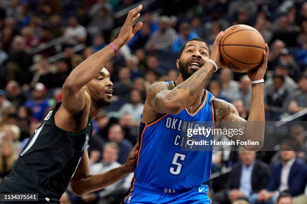 Markieff Morris of the Oklahoma City Thunder shoots the ball against Keita Bates-Diop of the Minnesota Timberwolves during the game on March 5, 2019...