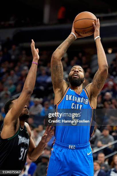 Markieff Morris of the Oklahoma City Thunder shoots the ball against Keita Bates-Diop of the Minnesota Timberwolves during the game on March 5, 2019...