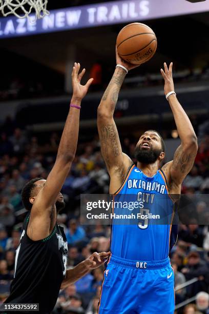 Markieff Morris of the Oklahoma City Thunder shoots the ball against Keita Bates-Diop of the Minnesota Timberwolves during the game on March 5, 2019...