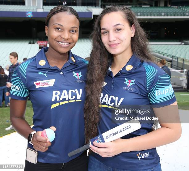 Melbourne Vixens players Rahni Samason and Mwai Kumwenda 3pose ICC T20 World Cup 2020 morning tea to celebrate one-year-to-go to the women’s final at...