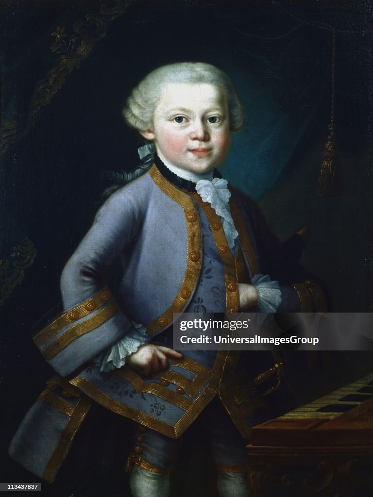 Wolfgang Amadeus Mozart (1756-1791) Austrian composer. Mozart aged 7, in gala dress, standing by keyboard. Anonymous. Mozarteum, Salzburg.