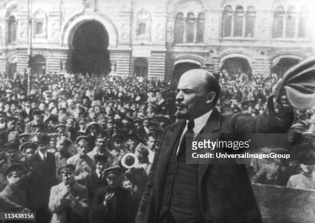 Russian communist revolutionary leader, Vladimir Lenin , giving a speech to Vsevobuch servicemen on the first anniversary of the foundation of the...