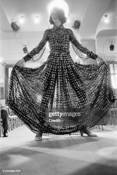 Picture taken on July 27, 1972 at Paris showing a fashion model during the presentation of Chanel's Autumn-Winter 1972-1973 collection.