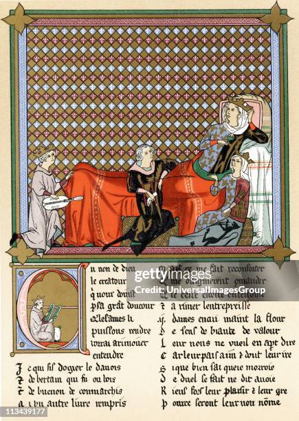 Adenet le Roi 'King of the Minstrels' French poet and musician, reciting Roman de Cleomades to Blanche of Castile wife of Louis VIII of France,...