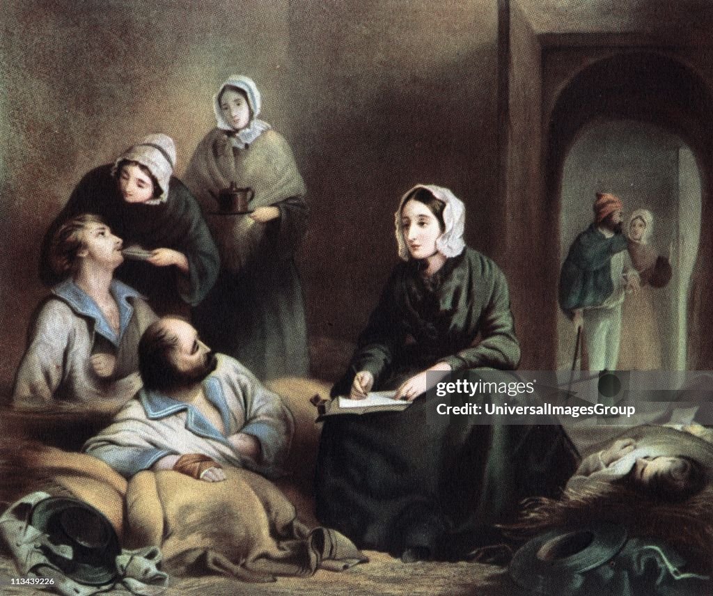 Florence Nightingale (1820-1910) British nurse and statistician, in hospital at Scutari 1 January 1855 writing letters for wounded soldiers of the Crimean War.