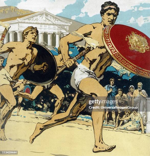 Ancient Olympic Games: the relay race. Runners had to keep alight the flame and hand it to their fellows.This 1922 reconstruction shows runner...