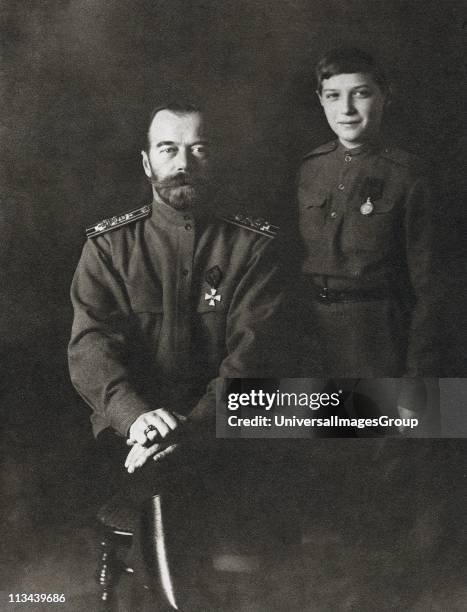 Nicholas II Tsar of Russia from 1894 and his son Alexei, in military uniform, 1915