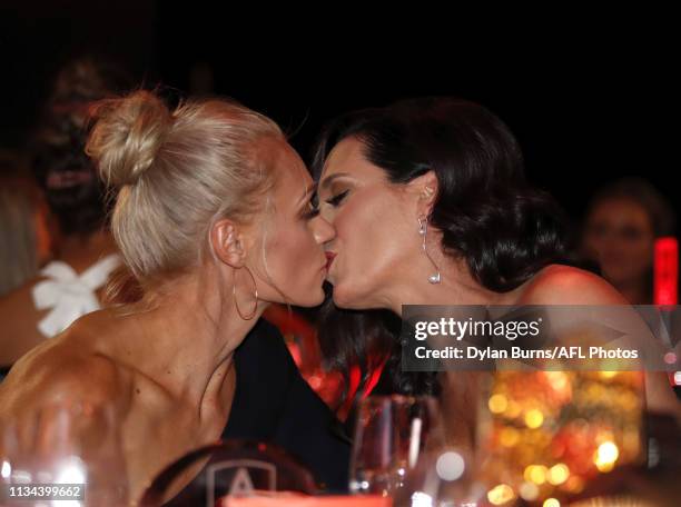 Erin Phillips of the Crows celebrates winning the Best and Fairest award with wife Tracey during the 2019 W Awards at Peninsula on April 02, 2019 in...