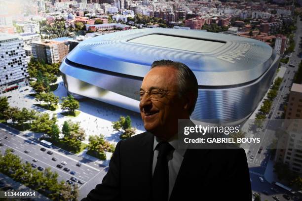 Real Madrid´s President Florentino Perez attends the unveiling of the Santiago Bernabeu stadium redevelopment plans on April 2, 2019 in Madrid.