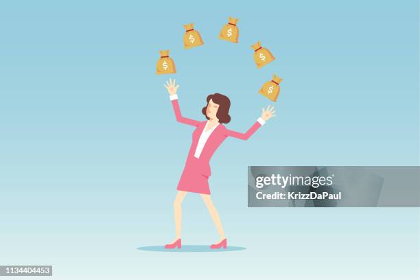 businesswoman juggling money bag - woman juggling stock illustrations