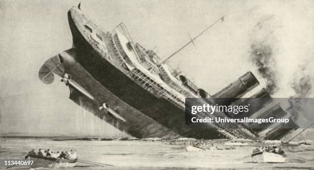 Sinking of the American liner 'Lusitania' after being struck by a torpedo from a German submarine, 7 May 1915. A number of passengers drowned....