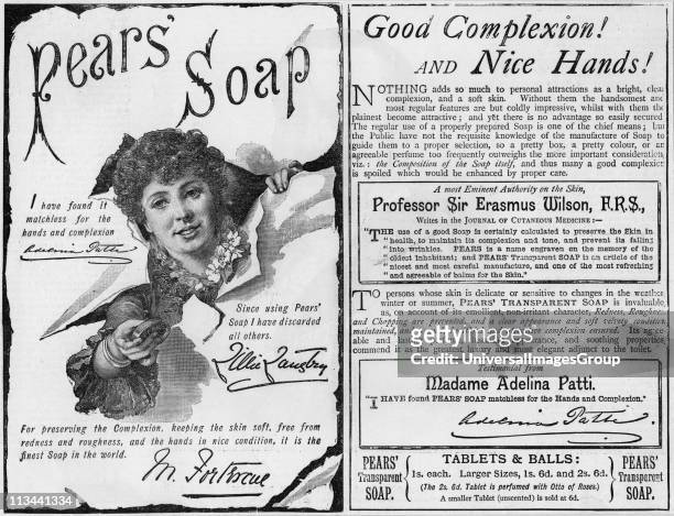 Advertisement for Pears' soap using endorsements from famous people including the soprano Adelina Patti and the actress Lillie Langtry. From The...