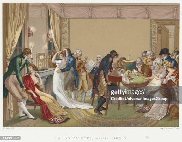 La Bouillotte, early 19th century. Scene of men and women in French Empire fashons at an evening entertainment watching a game of Bouillotte in...