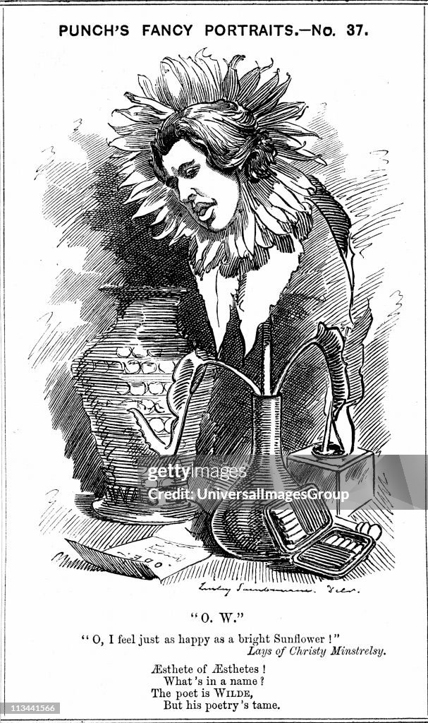 Oscar Wilde (1854-1900) Irish playwright, novelist, poet and wit. Cartoon by Edward Linley Sambourne from his 'Fancy Portraits' series for Punch London, 25 June 1881, showing Wilde as a sunflower. Wood engraving...