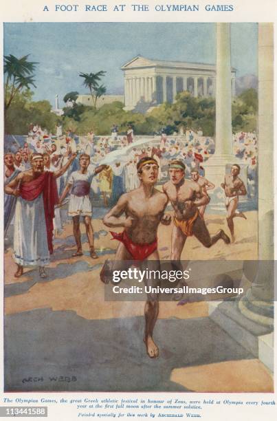 Ancient Olympic Games held in the honour of Zeus. Runners competing in a foot race. Early 20th century illustration.