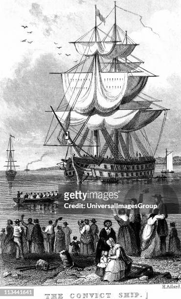 Transportation: Convict ship ready to sail from England to Australia, parts of which Britain used as a penal colony. Friends and relations having...