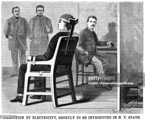 Artist's impression of execution by electric chair, prepared after experiments on the practicability of electrocution as method of execution. From...