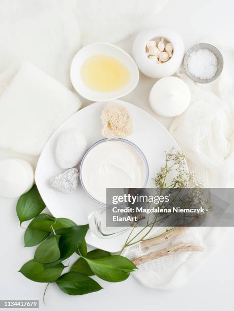 plate with skin cream, plants and leaves - spa treatment ストックフォトと画像
