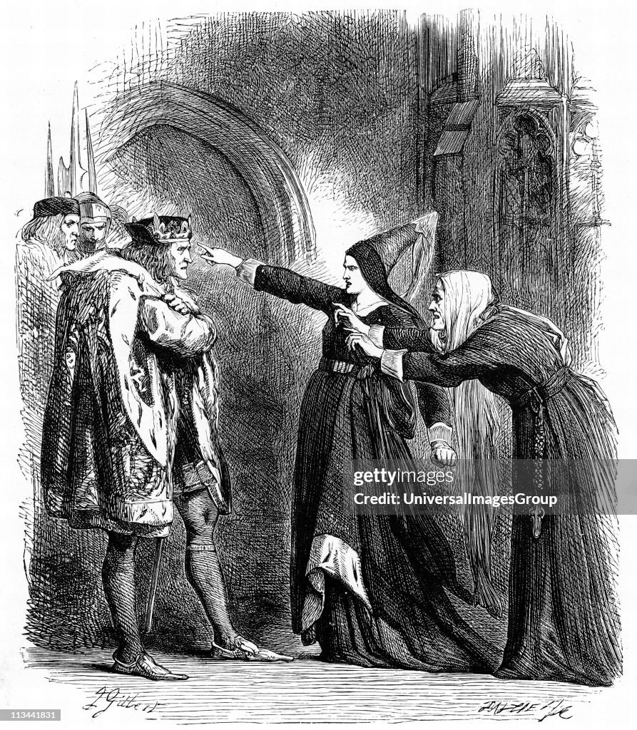 Shakespeare, Richard III Act IV Sc. IV. Elizabeth Woodville and the Duchess of York, Widow and mother of Edward IV, intercept and remonstrate with Richard III. Illustration by Sir John Gilbert. Engraving, c1858...