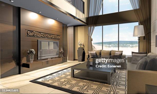 living room interior at seashore - beach house balcony stock pictures, royalty-free photos & images