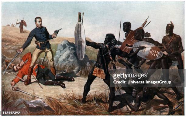 An incident at the Battle of Isandlwana . Lieutenants Melvill and Coghill dying to save the Queen's colours. 22 January, 1879. Zulu War. After...