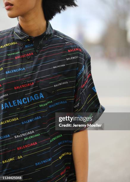 Anuthida Ploypetch wearing a Balenciaga shirt and Buffalo shoes on March 07, 2019 in Berlin, Germany.