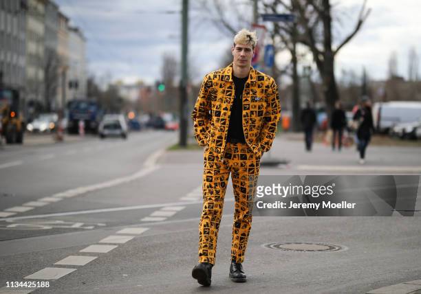 Richy Koll wearing a complete Obey clothing outfit and Dr.Martens shoes on March 07, 2019 in Berlin, Germany.
