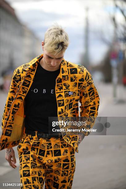 Richy Koll wearing a complete Obey clothing outfit on March 07, 2019 in Berlin, Germany.