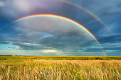 Rainbow over stormy sky in countryside at summer day