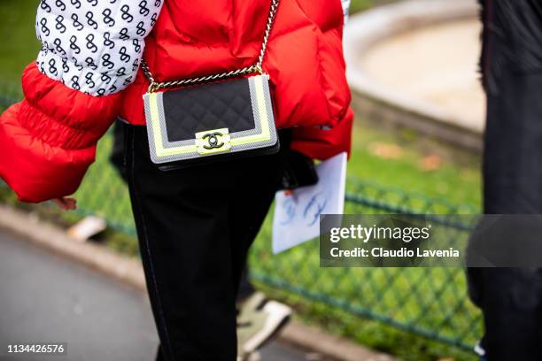 Jessica Minkoff, Chanel bag details, is seen outside Chanel on Day 9 Paris Fashion Week Autumn/Winter 2019/20 on March 5, 2019 in Paris, France.