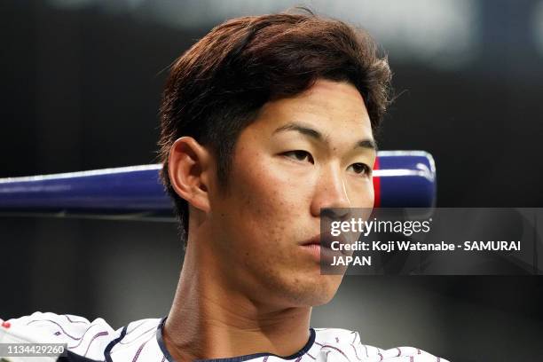 Yota Kyoda of Japan warms up during a Japan training session at the Kyocera Dome Osaka on March 8, 2019 in Osaka, Japan.